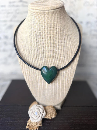Green Heart Tagua Nut Pendant Necklace with Magnetic Clasp
