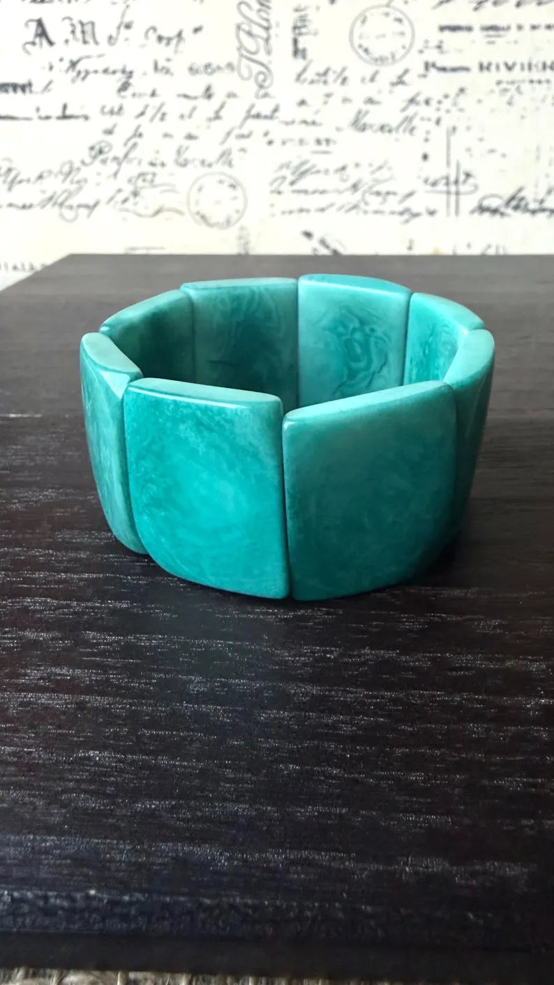 Turquoise green bracelet Tagua nut jewelry Wide cuff bangle Art to wear Statement beaded bracelet