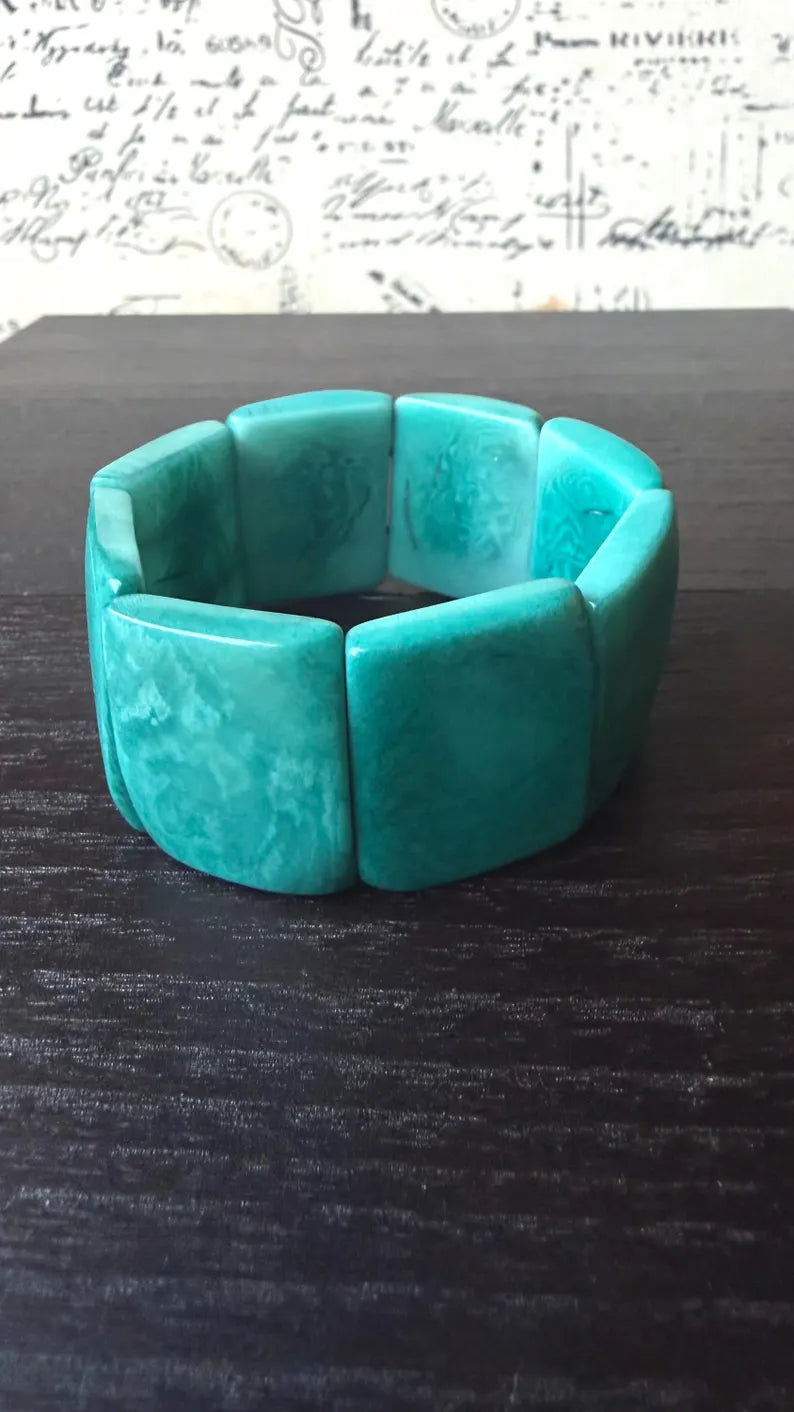 Turquoise green bracelet Tagua nut jewelry Wide cuff bangle Art to wear Statement beaded bracelet