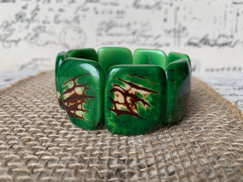 Green Chunky Statement Bracelet – Eco-Friendly Tagua Nut Beaded Bracelet