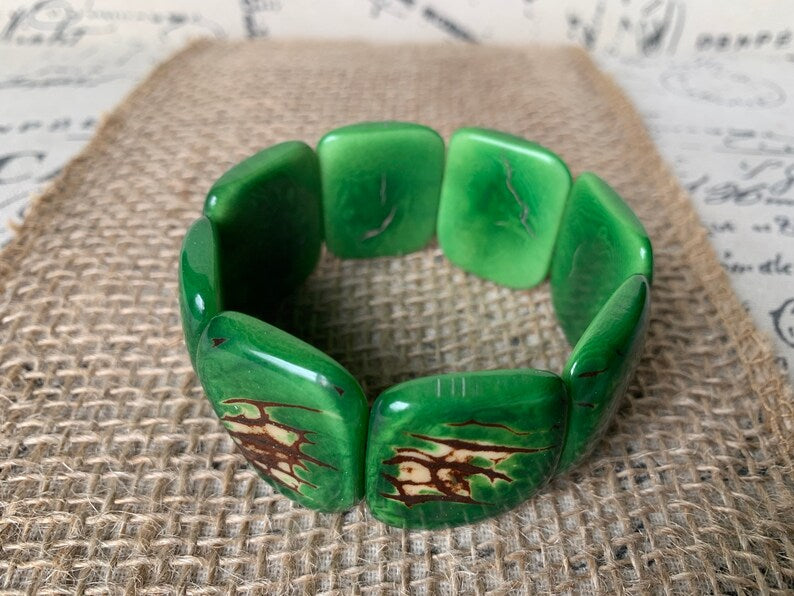 Green Chunky Statement Bracelet – Eco-Friendly Tagua Nut Beaded Bracelet