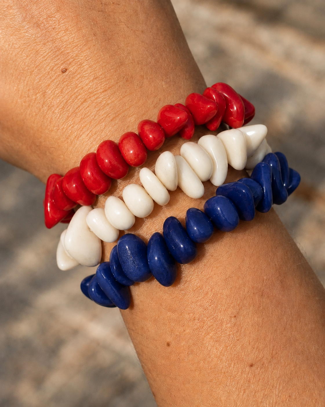 USA World Cup Inspired Tagua Bracelet Stack Red White Blue Handmade Eco-Friendly Jewelry