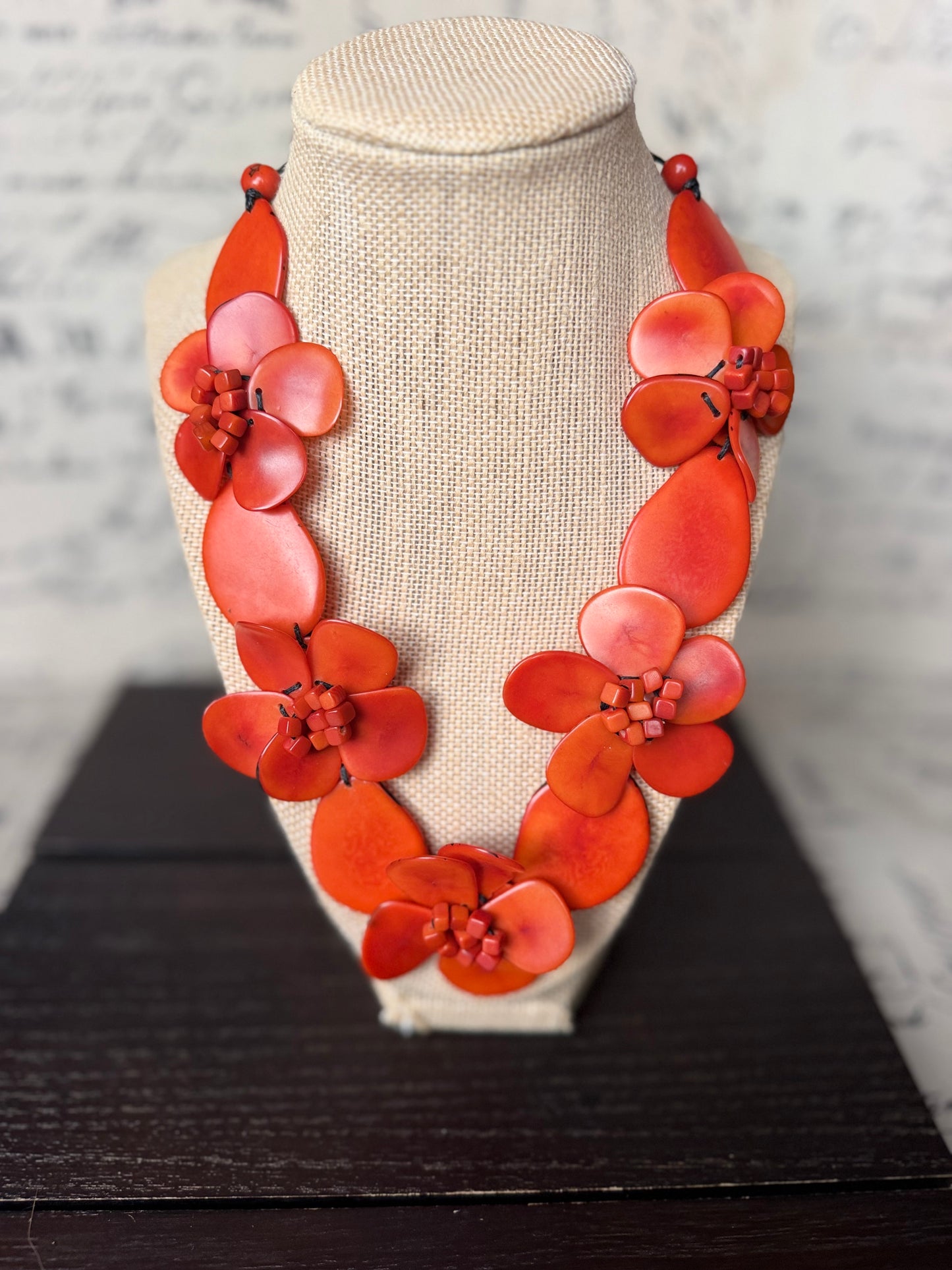 Orange Tagua Flower Statement Necklace, Handmade Eco-Friendly Jewelry