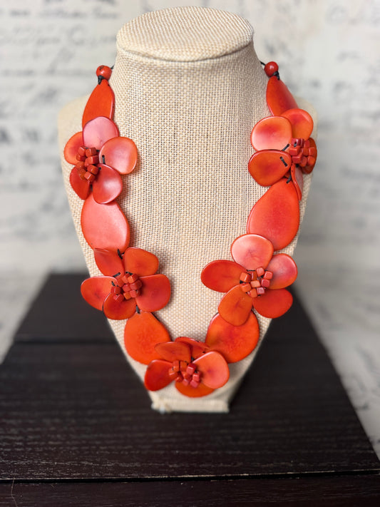 Orange Tagua Flower Statement Necklace, Handmade Eco-Friendly Jewelry
