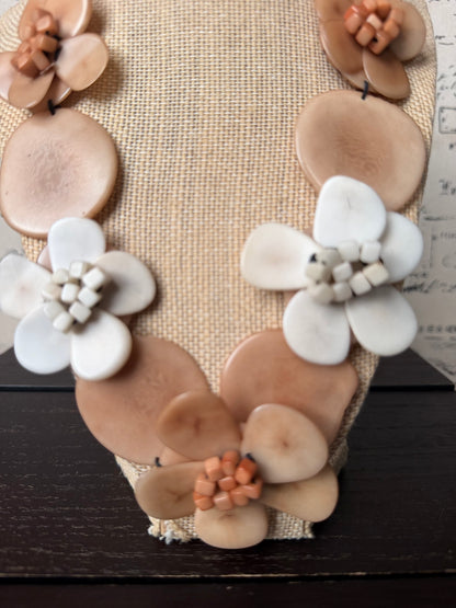 Natural Tagua Flower Statement Necklace, Nude & Ivory Handmade Eco-Friendly Necklace