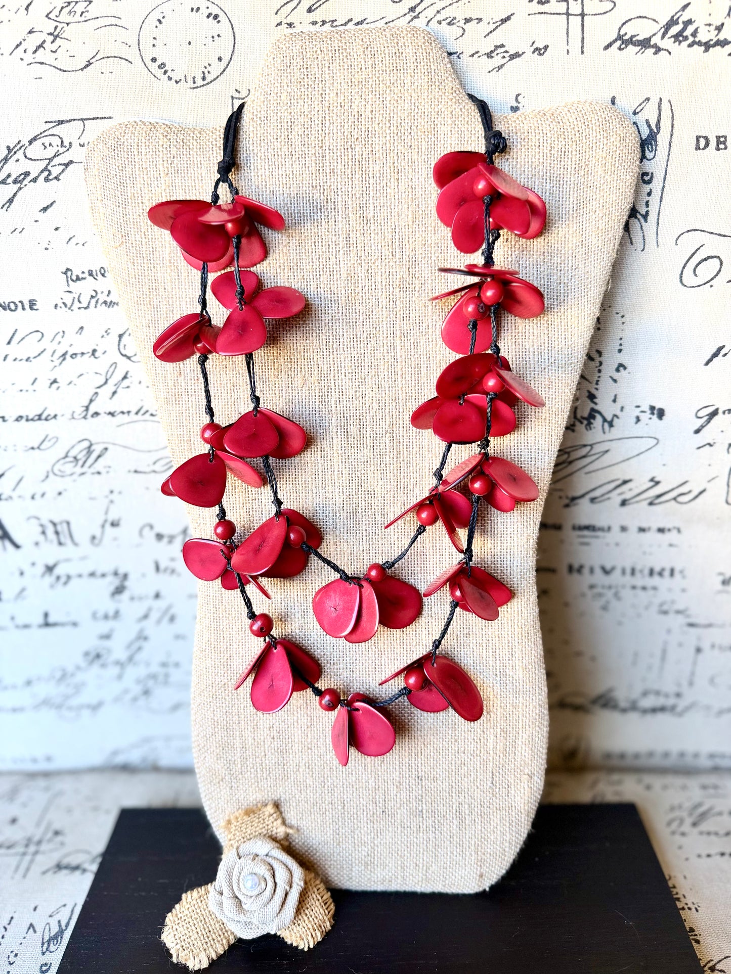 Red Tagua Floral Statement Necklace – Handmade in Ecuador