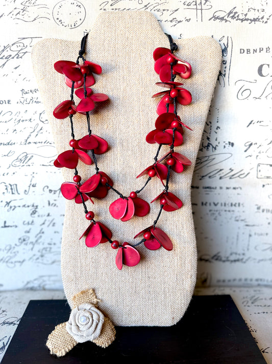 Red Tagua Floral Statement Necklace – Handmade in Ecuador