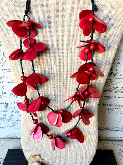 Red Tagua Floral Statement Necklace – Handmade in Ecuador