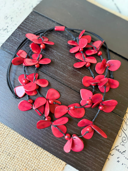 Red Tagua Floral Statement Necklace – Handmade in Ecuador