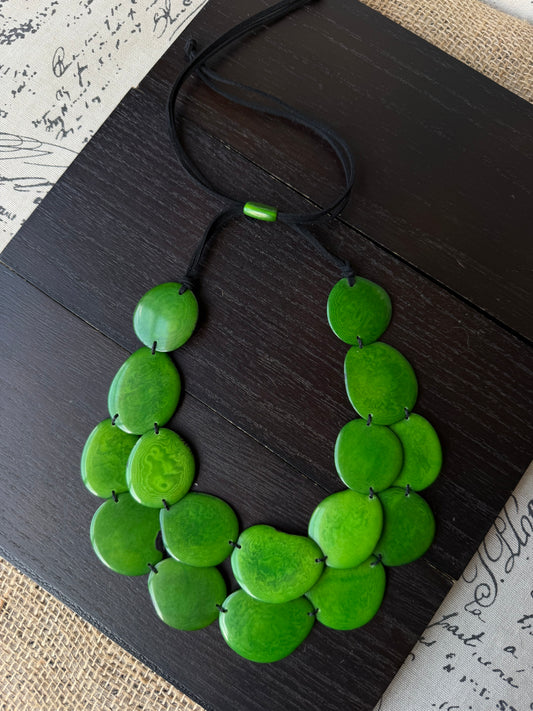 Green Tagua Nut Statement Necklace, Adjustable cord, Chunky Eco Friendly Jewelry, Multi layer bib