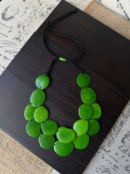 Green Tagua Nut Statement Necklace, Adjustable cord, Chunky Eco Friendly Jewelry, Multi layer bib