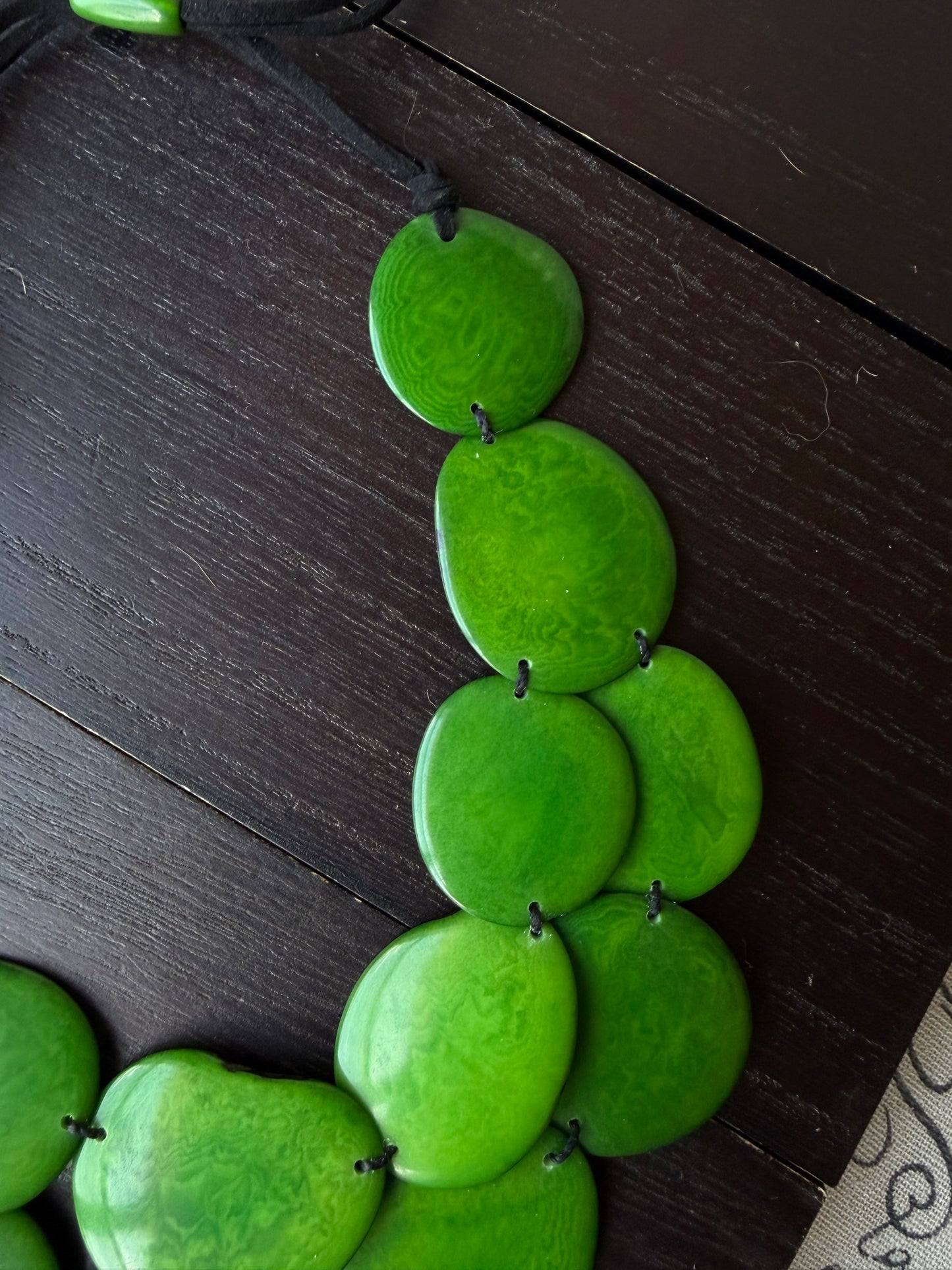 Green Tagua Nut Statement Necklace, Adjustable cord, Chunky Eco Friendly Jewelry, Multi layer bib