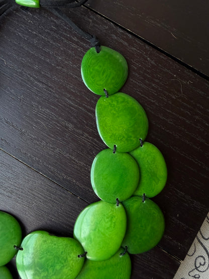 Green Tagua Nut Statement Necklace, Adjustable cord, Chunky Eco Friendly Jewelry, Multi layer bib