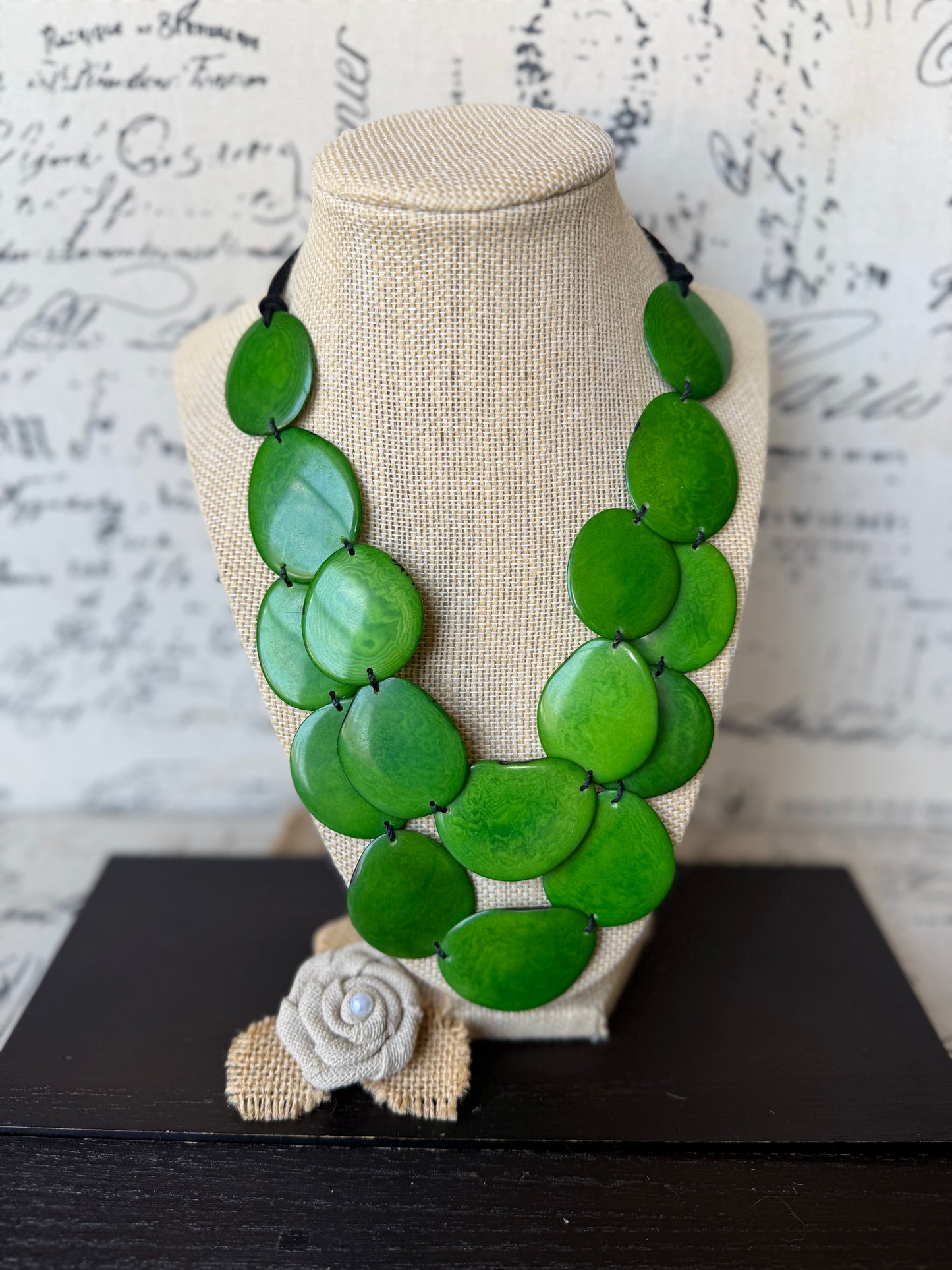 Green Tagua Nut Statement Necklace, Adjustable cord, Chunky Eco Friendly Jewelry, Multi layer bib