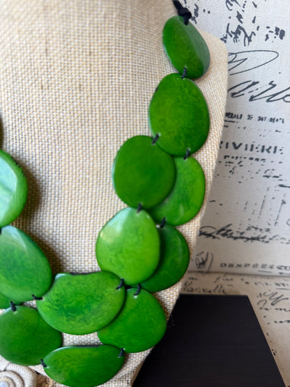 Green Tagua Nut Statement Necklace, Adjustable cord, Chunky Eco Friendly Jewelry, Multi layer bib