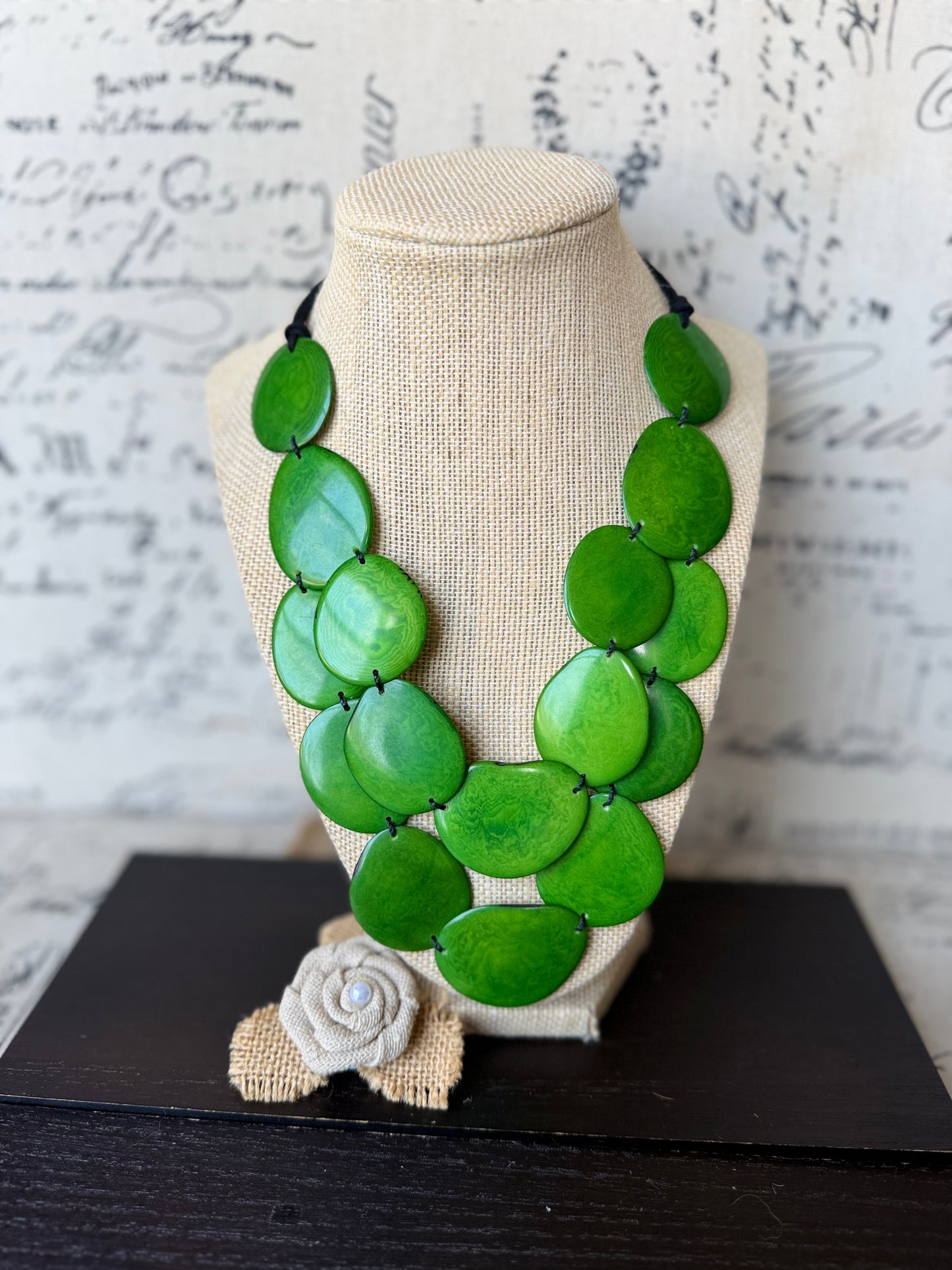 Green Tagua Nut Statement Necklace, Adjustable cord, Chunky Eco Friendly Jewelry, Multi layer bib