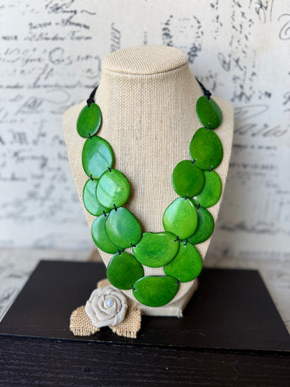 Green Tagua Nut Statement Necklace, Adjustable cord, Chunky Eco Friendly Jewelry, Multi layer bib