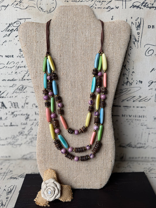 Adjustable Spring Pastel Tagua & Coconut Double Strand Necklace (20”–32”)