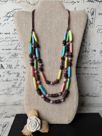 Adjustable Spring Pastel Tagua & Coconut Double Strand Necklace (20”–32”)