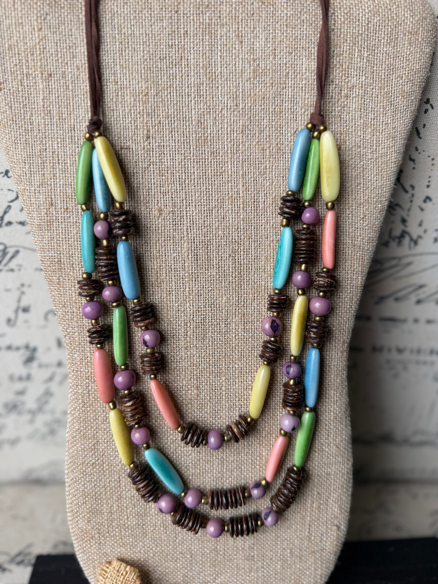 Adjustable Spring Pastel Tagua & Coconut Double Strand Necklace (20”–32”)