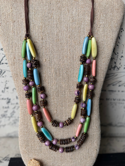 Adjustable Spring Pastel Tagua & Coconut Double Strand Necklace (20”–32”)