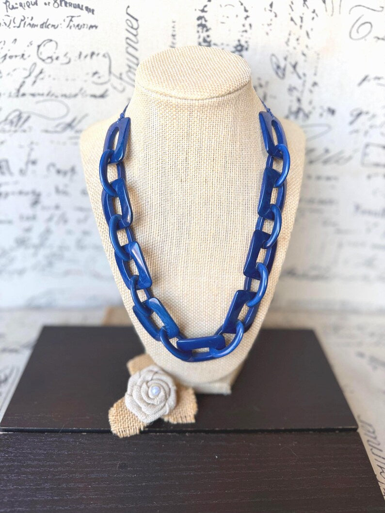 Blue Tagua Statement Chain Necklace – Adjustable 18–26"