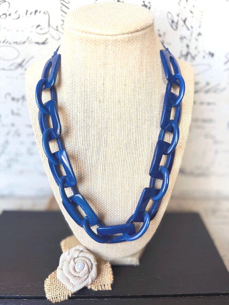 Blue Tagua Statement Chain Necklace – Adjustable 18–26"