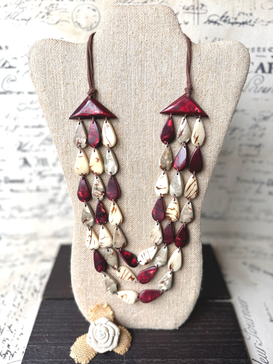 Marron Beige Gray Tagua Nut Necklace – Handmade Lightweight Statement Jewelry