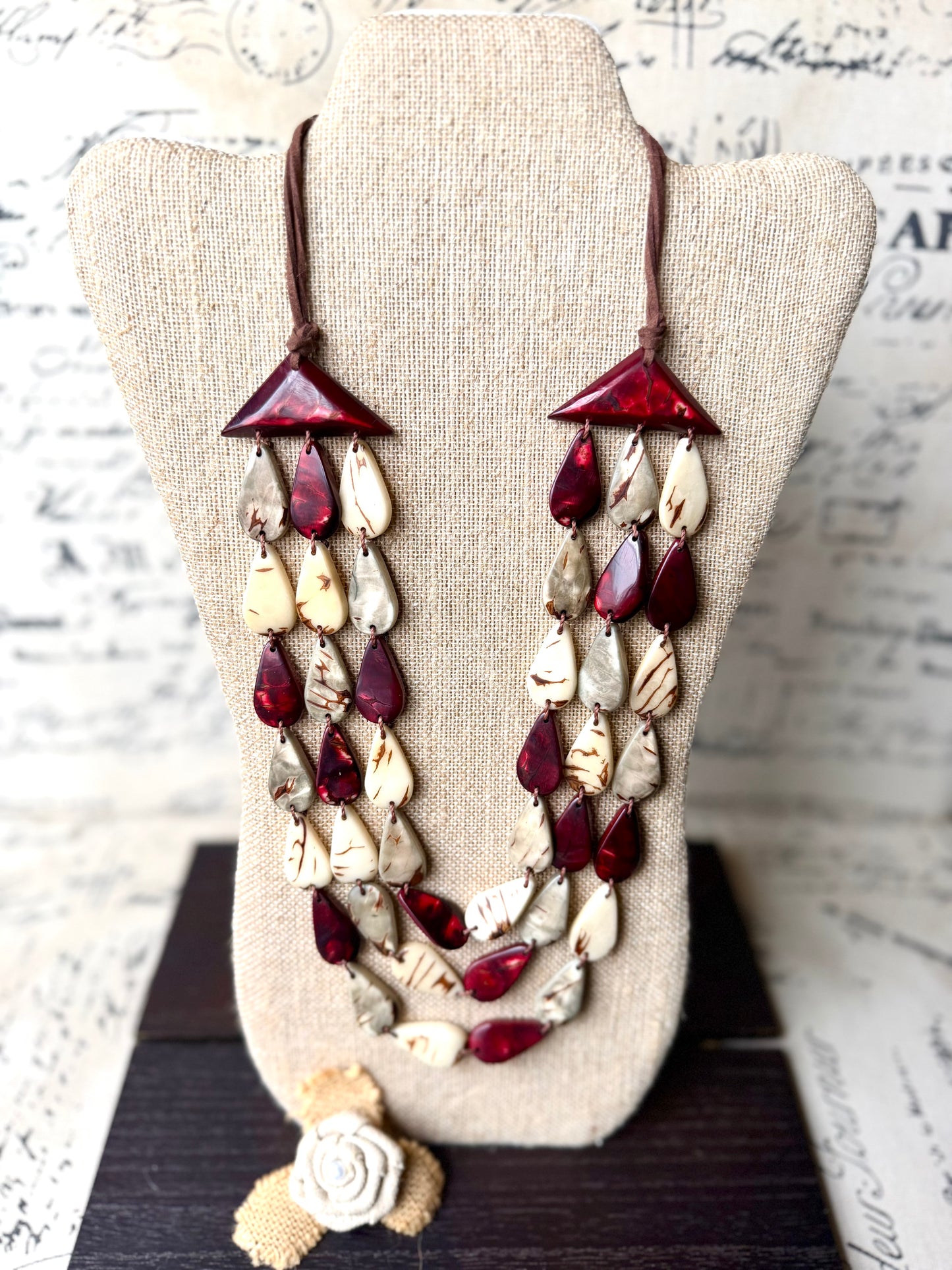 Marron Beige Gray Tagua Nut Necklace – Handmade Lightweight Statement Jewelry