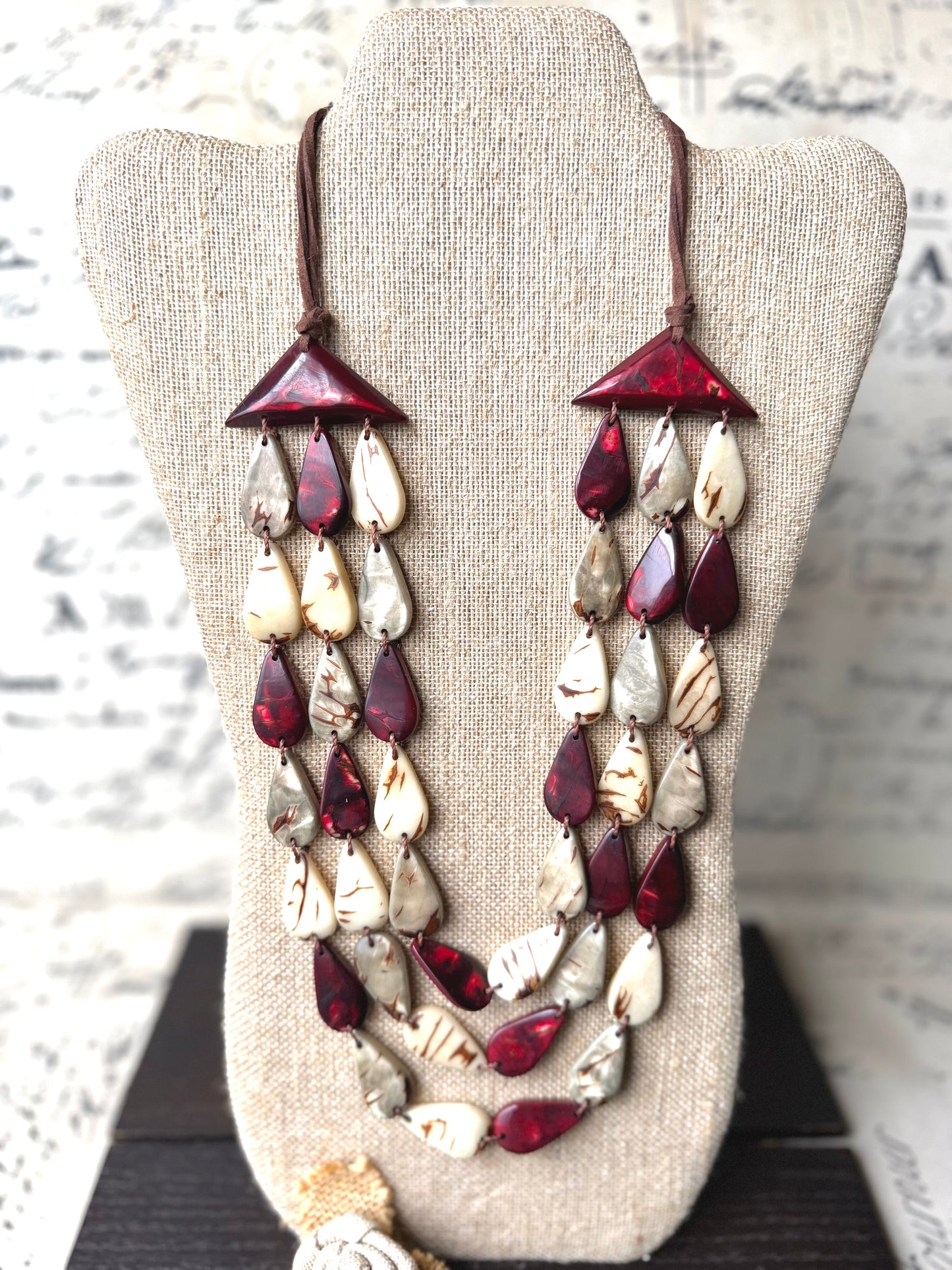 Marron Beige Gray Tagua Nut Necklace – Handmade Lightweight Statement Jewelry