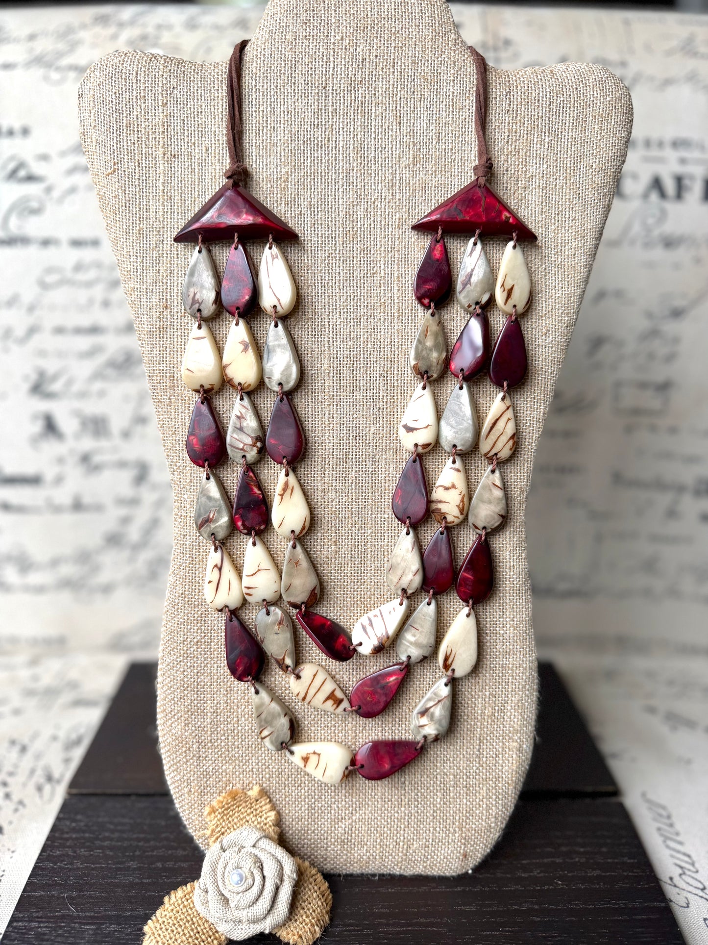 Marron Beige Gray Tagua Nut Necklace – Handmade Lightweight Statement Jewelry
