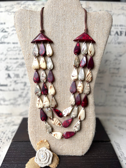 Marron Beige Gray Tagua Nut Necklace – Handmade Lightweight Statement Jewelry