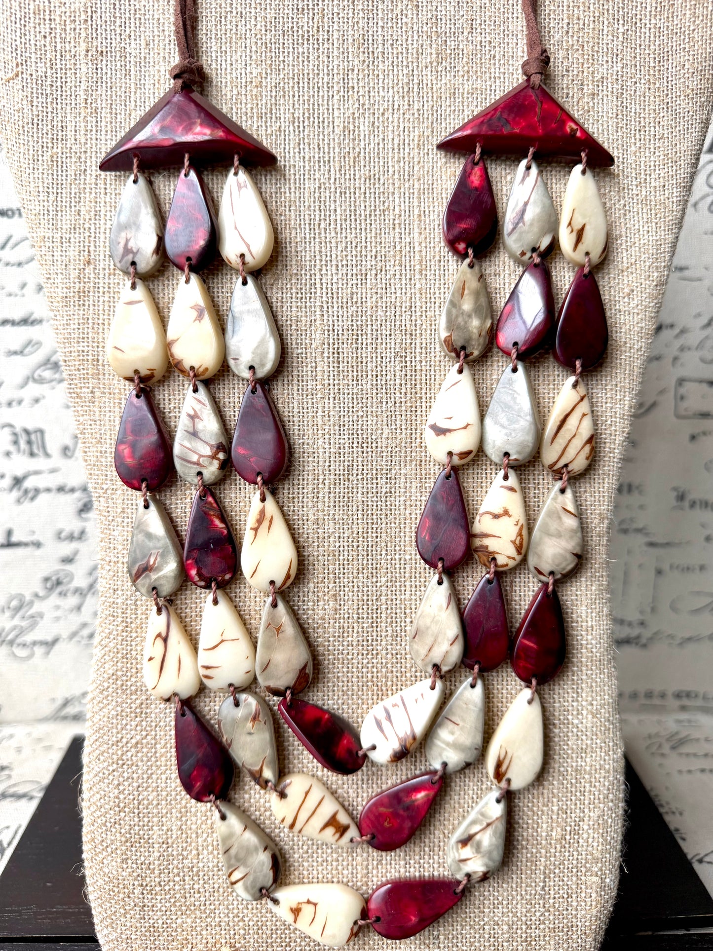 Marron Beige Gray Tagua Nut Necklace – Handmade Lightweight Statement Jewelry