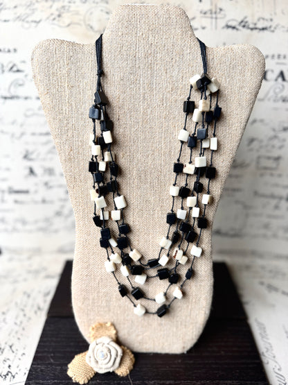 Black & Ivory Tagua Cube Necklace – Adjustable Layered Statement Jewelry