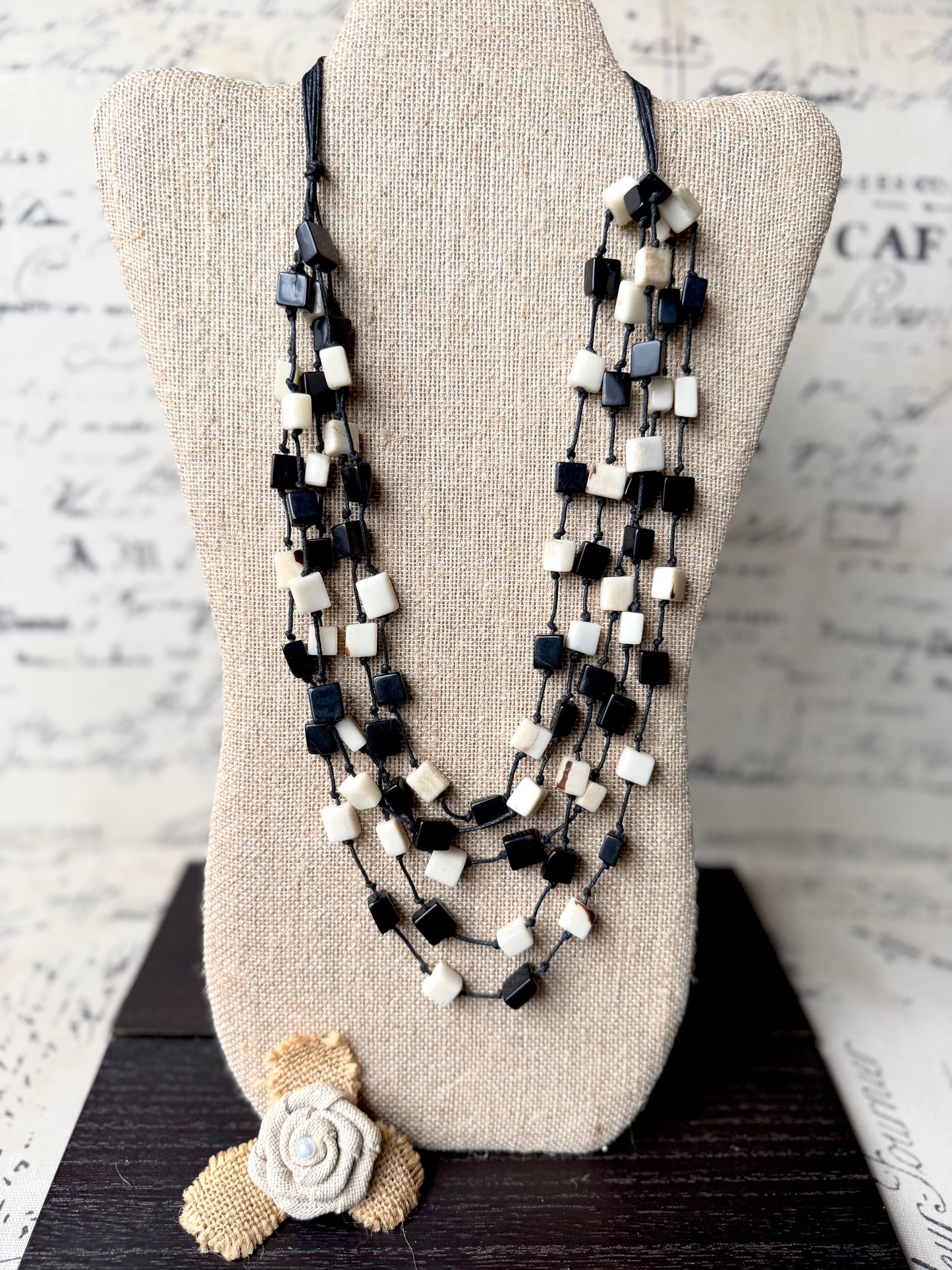 Black & Ivory Tagua Cube Necklace – Adjustable Layered Statement Jewelry