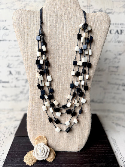 Black & Ivory Tagua Cube Necklace – Adjustable Layered Statement Jewelry