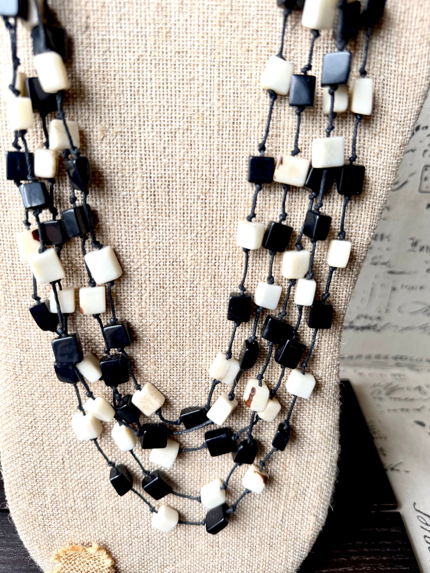 Black & Ivory Tagua Cube Necklace – Adjustable Layered Statement Jewelry