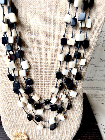 Black & Ivory Tagua Cube Necklace – Adjustable Layered Statement Jewelry