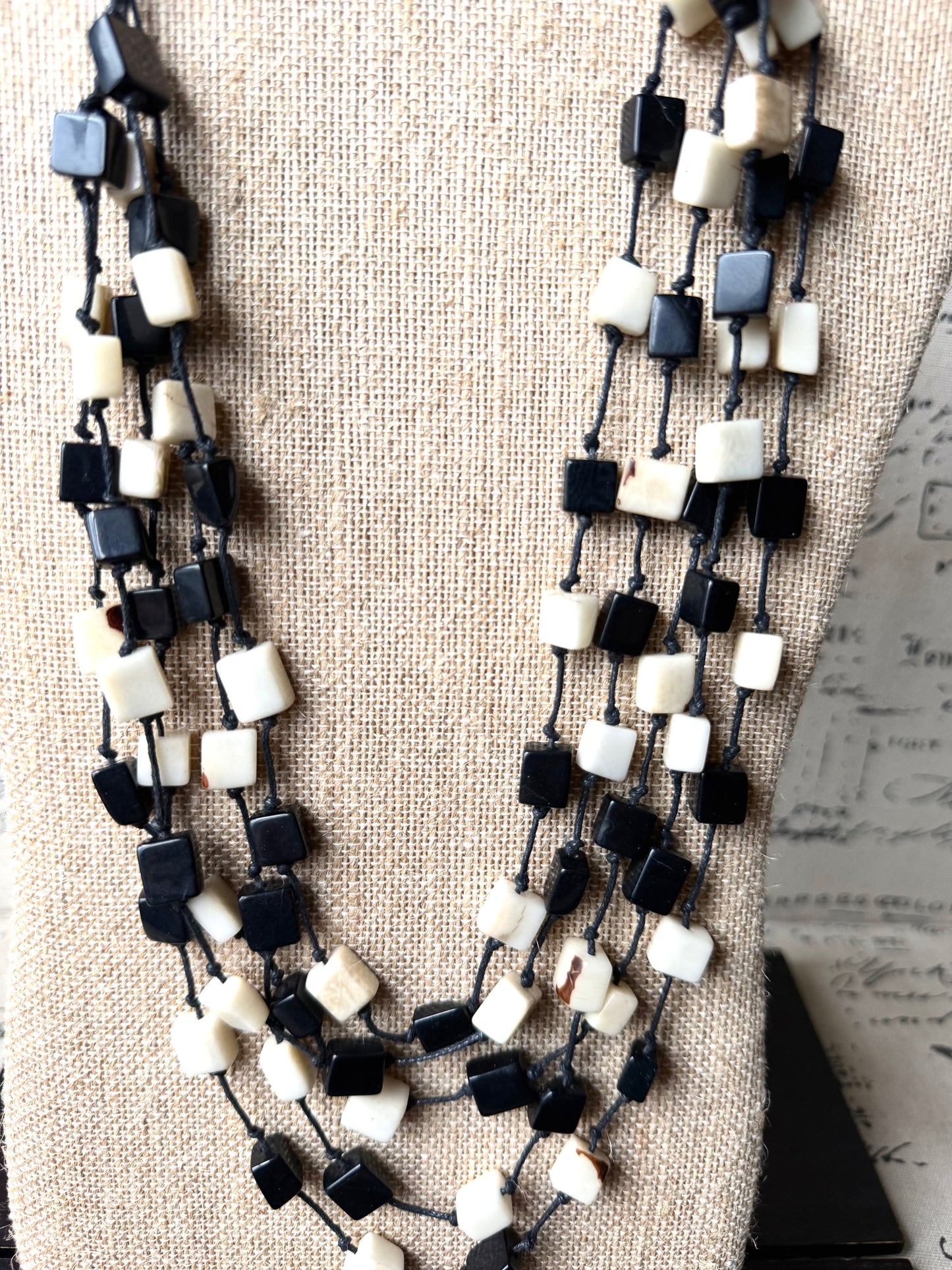 Black & Ivory Tagua Cube Necklace – Adjustable Layered Statement Jewelry