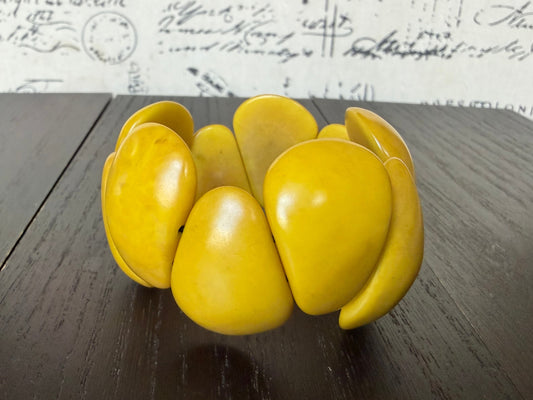 Yellow handmade Tagua nut statement bracelet chunky eco friendly stretch cuff jewelry artisan made in Ecuador