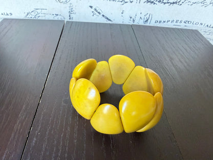 Yellow Tagua Nut Statement Bracelet – Handmade Chunky Eco Friendly Stretch Cuff Jewelry