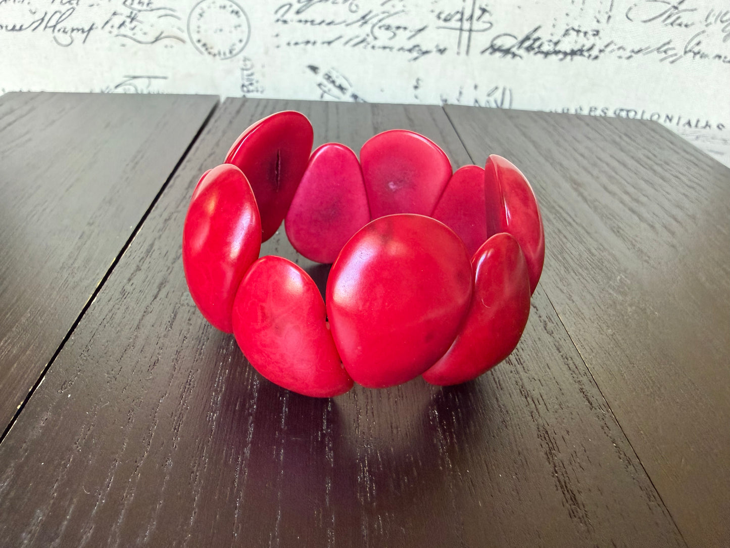 Red Tagua Nut Chunky Bracelet Eco Friendly Adjustable Stretch Bracelet