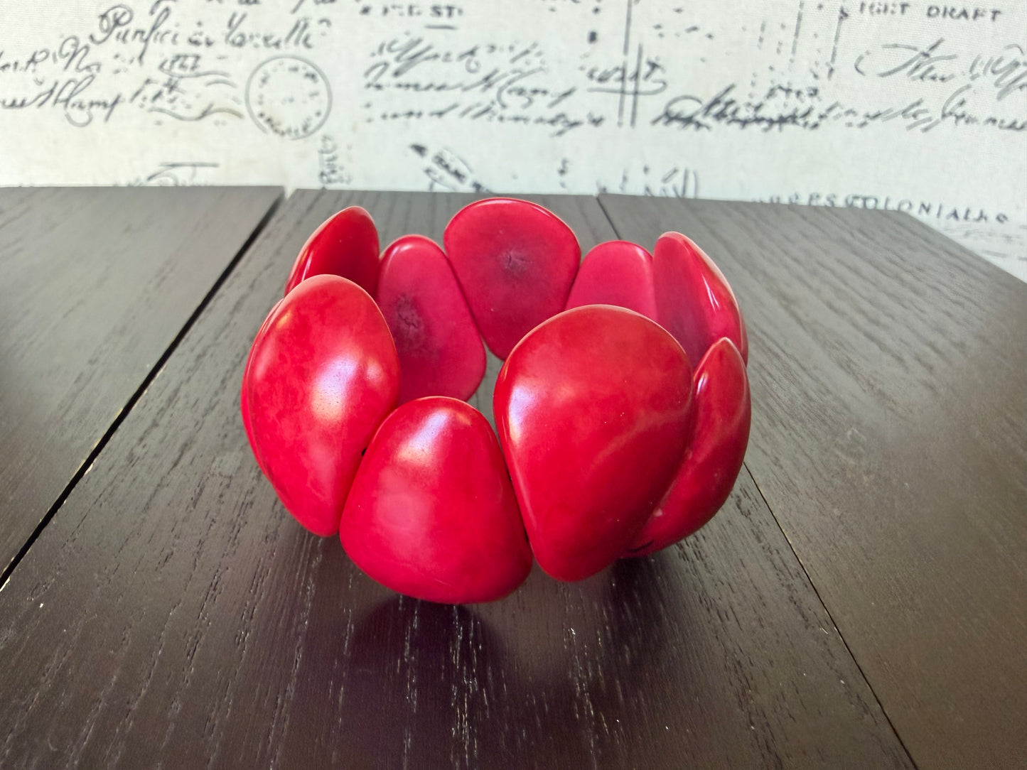 Red Tagua Nut Chunky Bracelet Eco Friendly Adjustable Stretch Bracelet