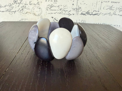 Black White Gray Tagua Nut Bracelet Chunky Neutral Boho Jewelry Stretch Statement Bracelet