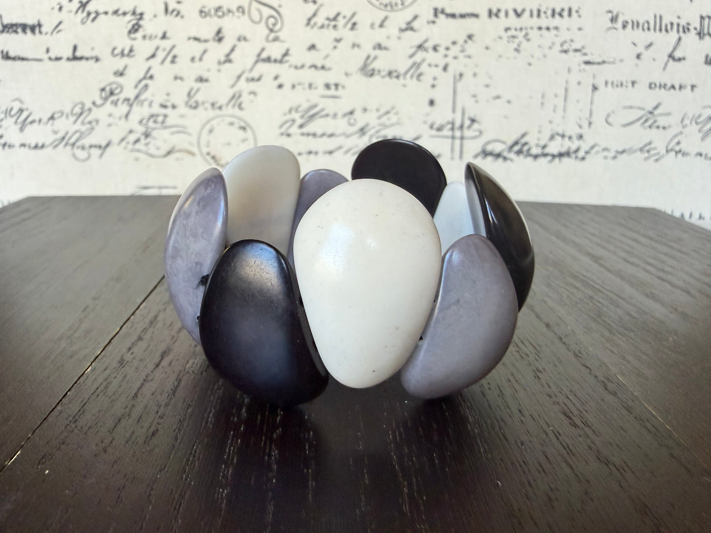 Black White Gray Tagua Nut Bracelet Chunky Neutral Boho Jewelry Stretch Statement Bracelet