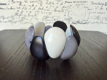 Black White Gray Tagua Nut Bracelet Chunky Neutral Boho Jewelry Stretch Statement Bracelet