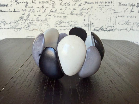 Black White Gray Tagua Nut Bracelet Chunky Neutral Boho Jewelry Stretch Statement Bracelet