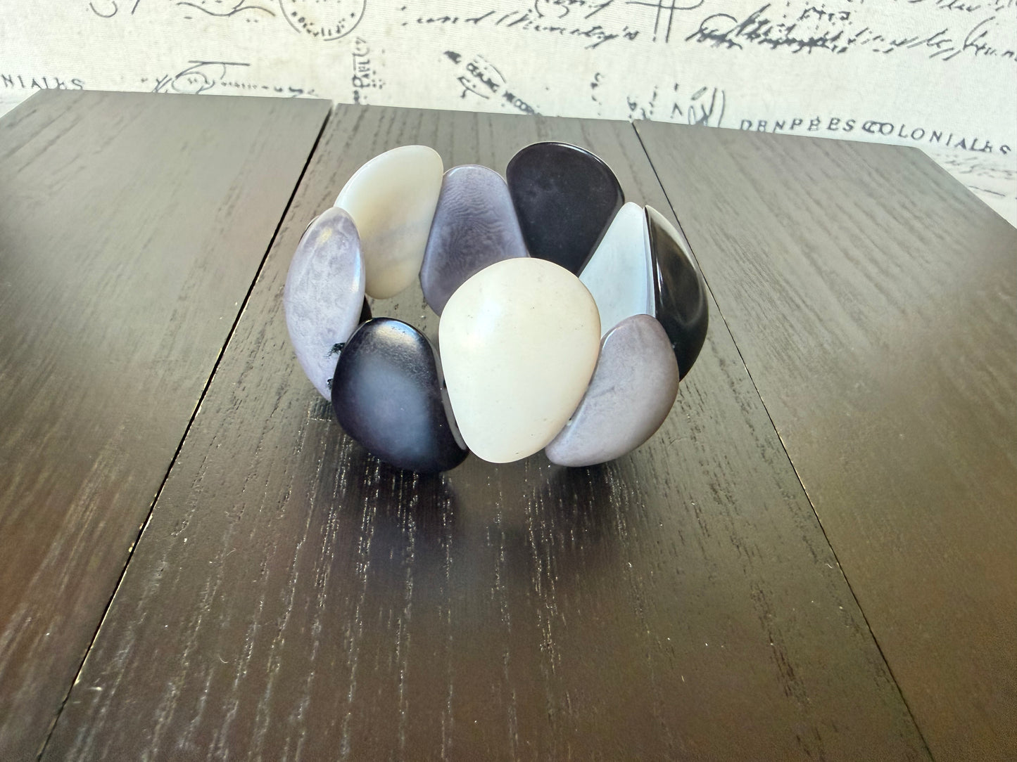 Black White Gray Tagua Nut Bracelet Chunky Neutral Boho Jewelry Stretch Statement Bracelet