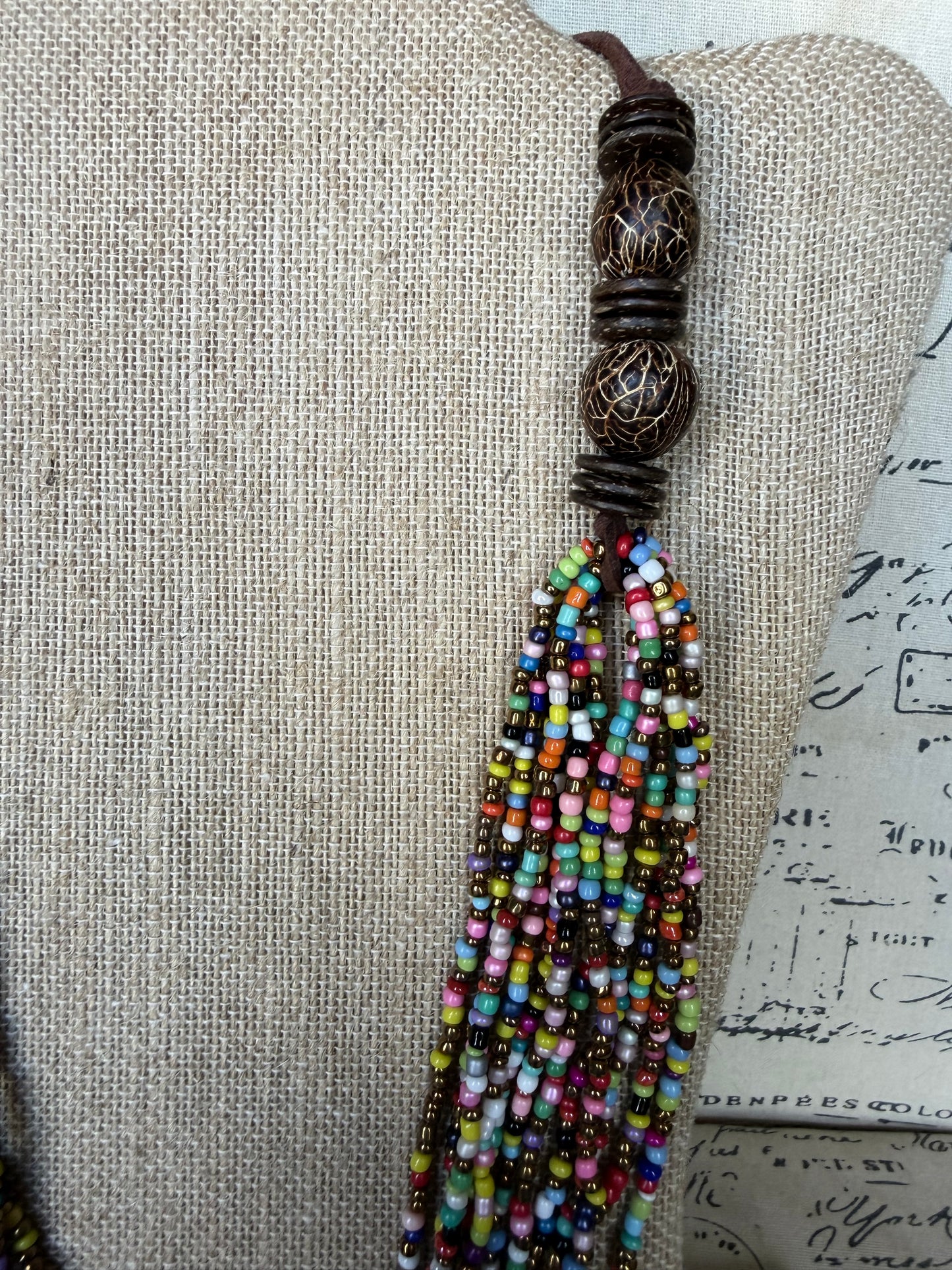 Multi Layer Seed Bead Statement Necklace with Coconut Accents Boho Colorful Beaded Layered Necklace