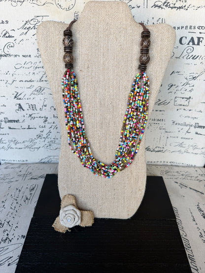 Multi Layer Seed Bead Statement Necklace with Coconut Accents Boho Colorful Beaded Layered Necklace